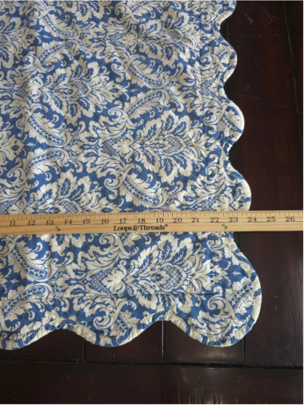 Waverly King Size Vintage Cottagecore Blue White Damask Scalloped Pillow Shams